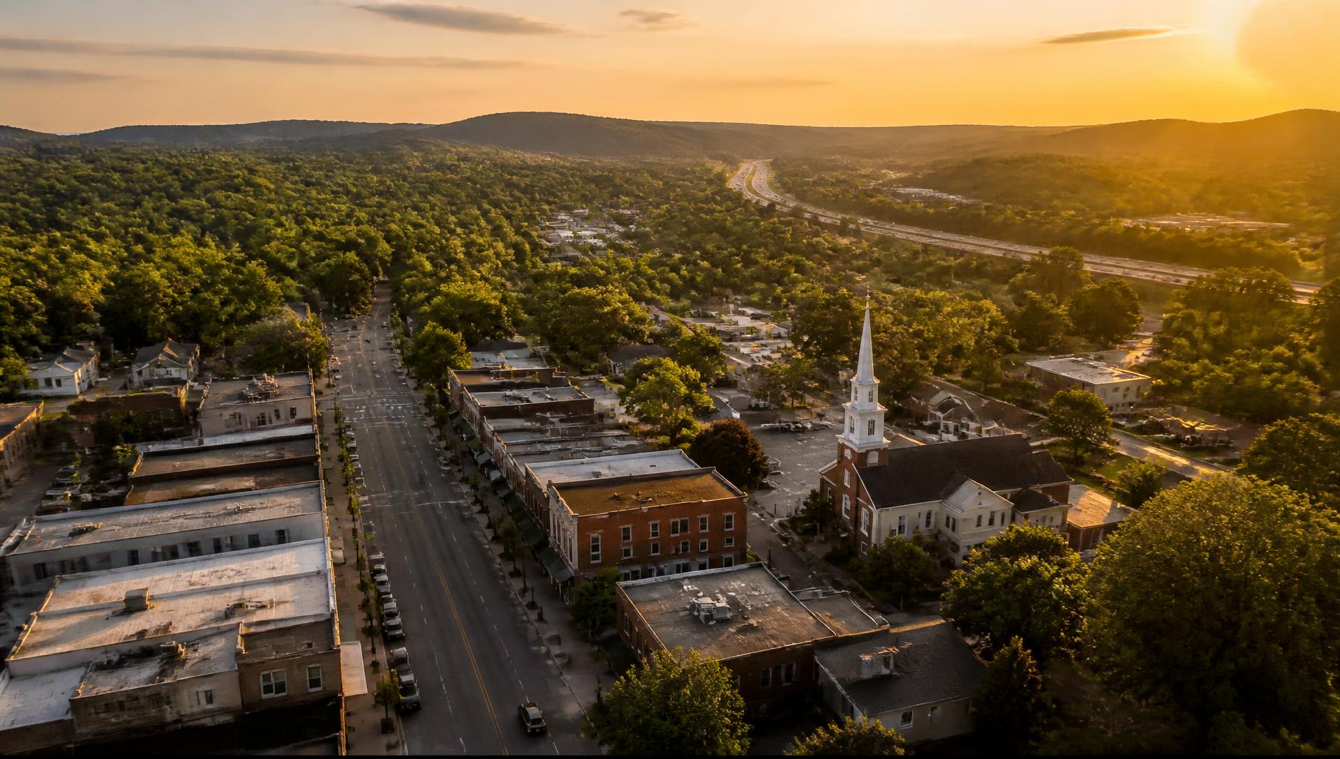 Golden-hour view over downtown Gardendale, Alabama